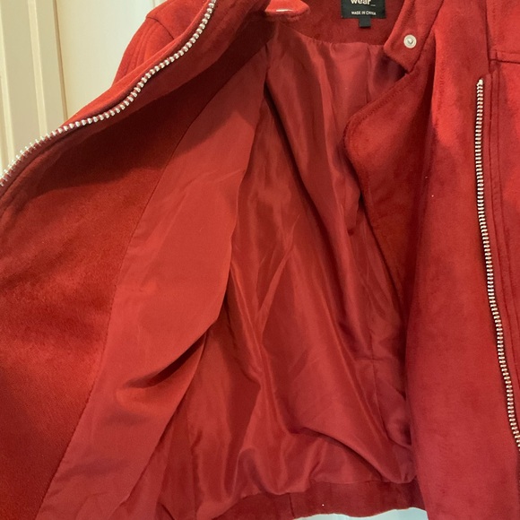 Zara Trafaluc red faux suede biker jacket, multiple zippers, belted waist. Sz S - Picture 11 of 13